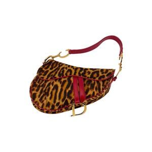 Vintage Christin Dior Pony Hair Leopard Saddle Bag Red